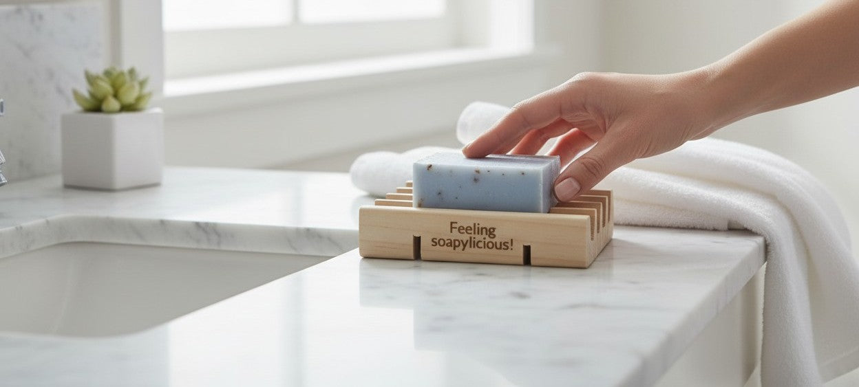Hand reaching for a bar of soap in an engraved wooden holder on a marble countertop.