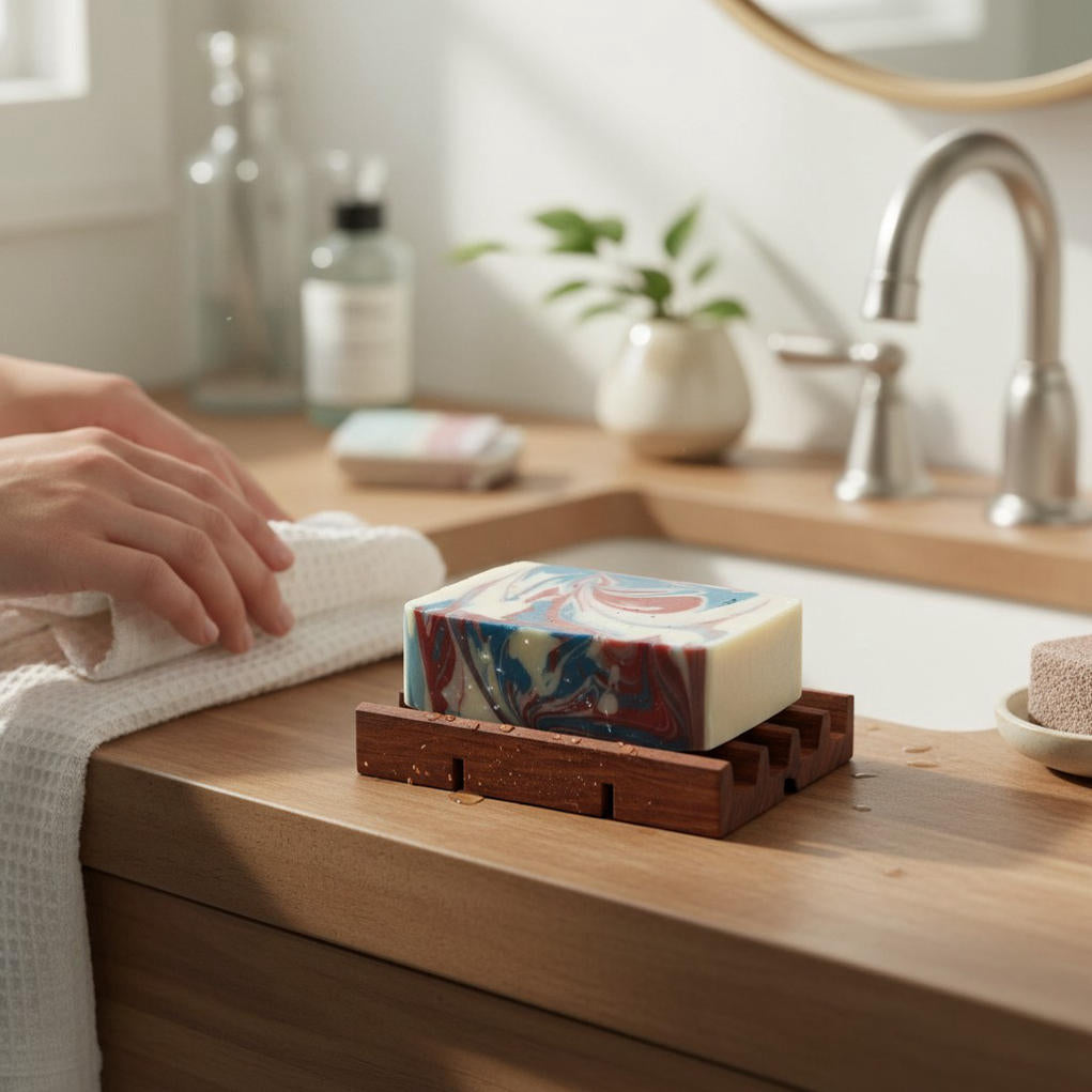Hand soap bar on a wooden soap dish with a towel and sink in the background