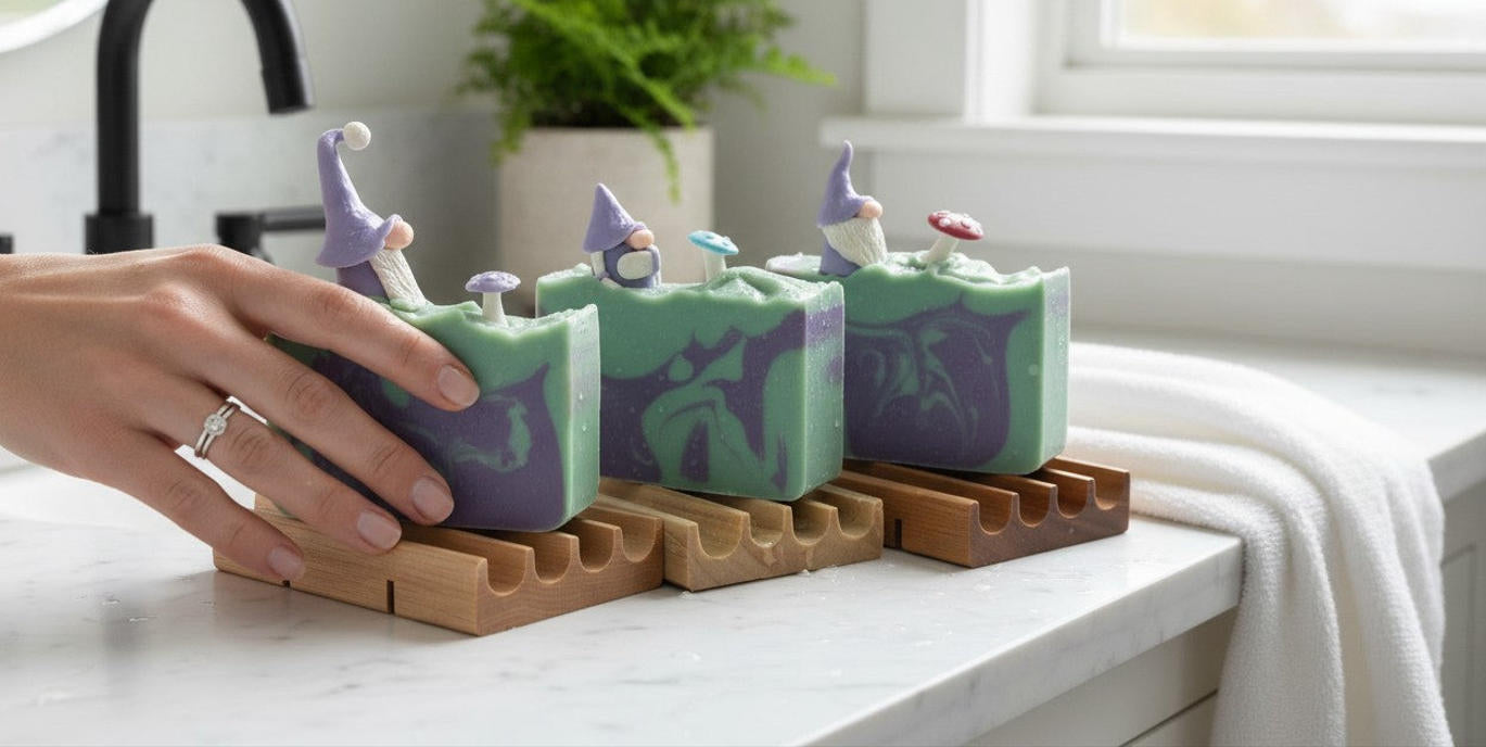Three gnome soap in a green and purple color scheme on a wooden soap dish.