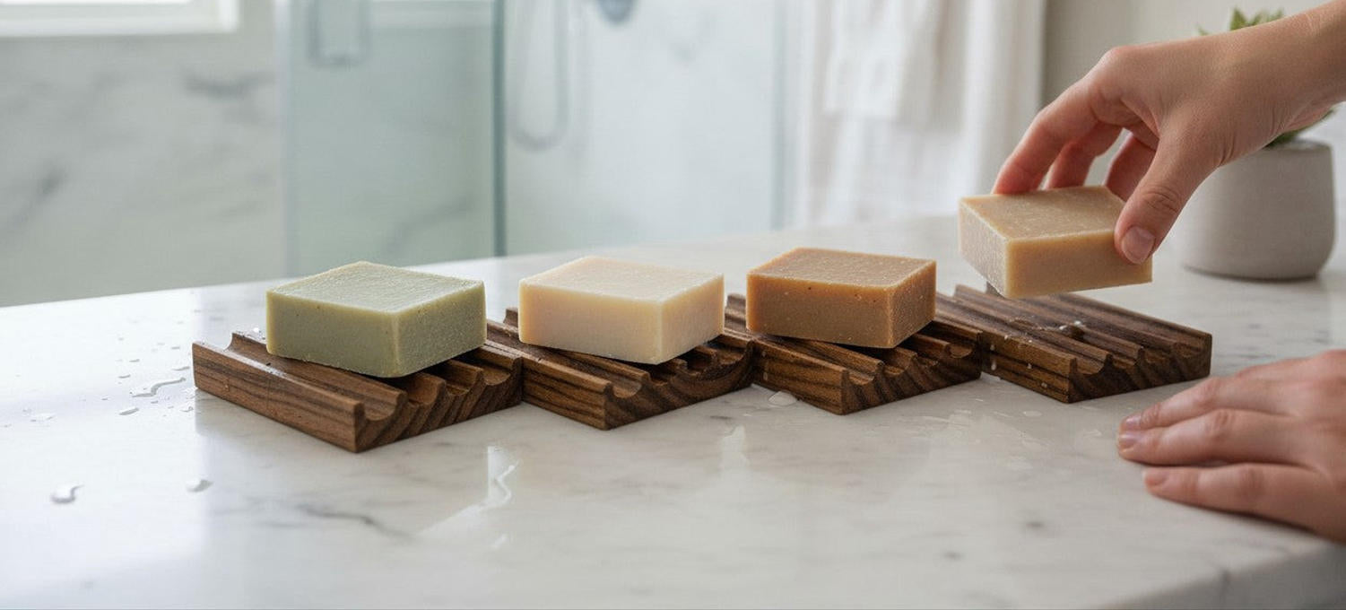 Handmade soap bars on a wooden soap dish with a hand reaching for one of them.
