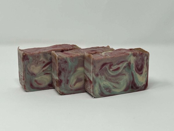 Handmade soap bar scented with black raspberry vanilla green white pink