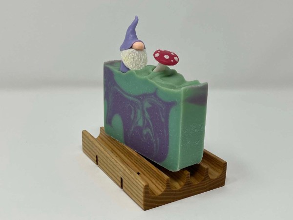 Handcrafted draining soap dish saver with gnome soap