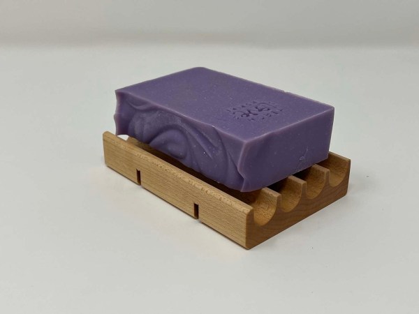 Handcrafted soap dish purple soap maple wood