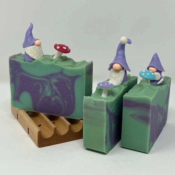 handmade soap with gnome soap on top, a fun unique soap