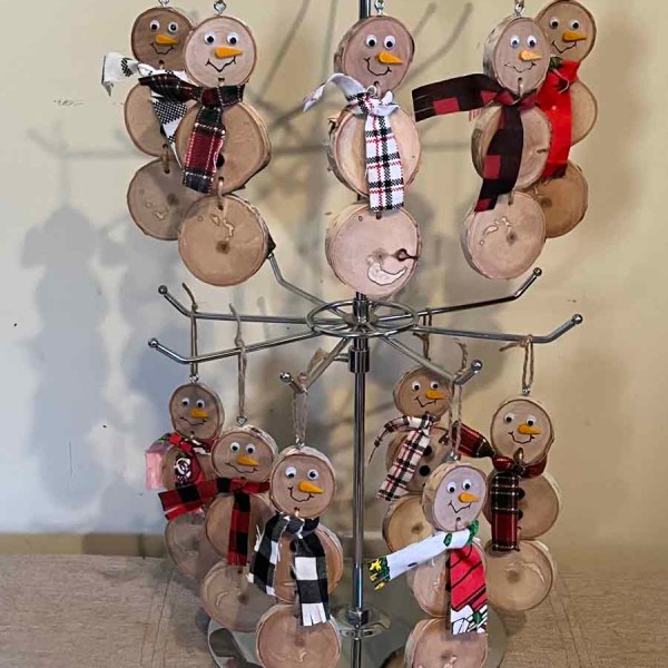 Natural Snowman Ornaments Made of Birch Logs