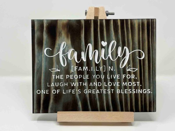 Handmade Family Sign Wood Carved and Stained with Beautify Blue Color on Burnt Wood